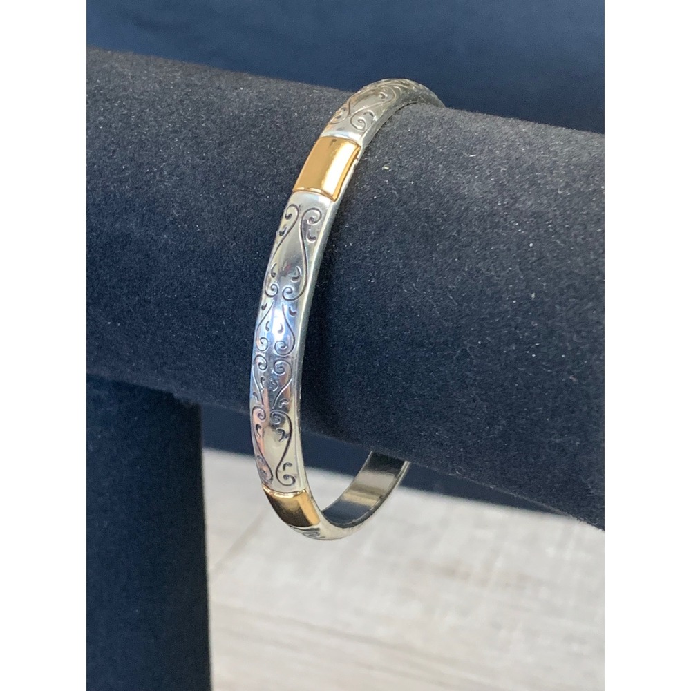 Brighton Two Tone Silver Gold Scroll Hinged Bangle Bracelet 4515